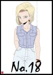  1girl android_18 black_border blonde_hair blue_eyes blue_vest border bracelet chris_re5 collarbone contrapposto dragon_ball dragon_ball_z earrings flat_color hand_on_own_ass jewelry pants signature solo twitter_username vest white_pants 