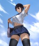  1girl bag bandaid bandaid_on_cheek bike_shorts bike_shorts_under_skirt black_hair black_legwear black_shorts blue_sailor_collar blue_skirt blue_sky blush breasts chestnut_mouth duffel_bag hair_between_eyes hunyan large_breasts navel open_mouth original perky_breasts sailor_collar school_uniform serafuku shirt_overhang short_hair shorts skirt sky solo sweat thigh-highs tomboy tomboy_(hunyan) violet_eyes 