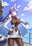  1girl absurdres armpits azur_lane bangs blue_eyes blue_hair blue_sky bodystocking breasts center_opening closed_mouth clouds coat coat_on_shoulders commentary covered_collarbone covered_navel cowboy_shot day dress elbow_gloves eyebrows_visible_through_hair floating floating_clothes gloves gradient_hair guard_(mungcom88) hair_between_eyes hair_intakes hand_on_hip headgear highres large_breasts lens_flare long_hair looking_to_the_side military military_vehicle multicolored_hair new_jersey_(azur_lane) ocean outdoors ship side_cutout sidelocks sky smile solo standing sunlight vambraces very_long_hair warship watercraft white_coat white_dress white_gloves 