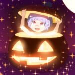  1girl :d blue_hair commentary_request glowing halloween jack-o&#039;-lantern minigirl nude open_mouth pumpkin purple_background red_eyes shirosato short_hair simple_background smile solo sparkle sukuna_shinmyoumaru touhou 