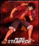  1boy abs angry bare_pectorals black_hair blood blood_on_hands chris_re5 clenched_hands clenched_teeth constricted_pupils full_body hat_on_back male_focus monkey_d._luffy one_piece open_clothes open_shirt pectorals red_background sandals scar scar_on_chest shorts signature solo teeth 