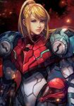  1girl arm_cannon artist_name blonde_hair blue_eyes embers hankuri headwear_removed helmet helmet_removed looking_at_viewer metroid metroid_dread ponytail power_suit power_suit_(metroid) samus_aran solo upper_body weapon 