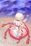  1girl back barefoot dress ebisu_eika highres puffy_short_sleeves puffy_sleeves red_dress river sand short_hair short_sleeves silver_hair sitting solo touhou twintails wankosoba water white_dress white_sleeves 