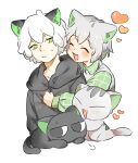  2boys animal_ears black_cat black_hoodie blush cat cat_boy cat_ears collared_shirt green_eyes grey_cat grey_hair heart hood hood_down hoodie huangshou_(the_legend_of_luoxiaohei) long_sleeves luoxiaohei multiple_boys nyanmu1 open_mouth shirt short_hair simple_background smile the_legend_of_luo_xiaohei upper_body white_background white_hair 