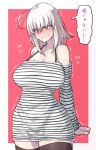  1girl ahoge bangs bare_shoulders black_legwear blush breasts collarbone fate/grand_order fate_(series) highres ishibori_eregomos jeanne_d&#039;arc_(alter)_(fate) jeanne_d&#039;arc_(fate) large_breasts long_sleeves off-shoulder_shirt off_shoulder shirt short_hair silver_hair solo speech_bubble striped striped_shirt tearing_up thigh-highs thighs translation_request trembling yellow_eyes 