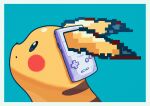  absurdres aqua_background blue_eyes border closed_mouth commentary_request game_boy_color handheld_game_console highres looking_up no_humans pikachu pixelated pokemon pokemon_(creature) saiku_(zvlku) solo upper_body 