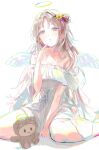  1girl angel_wings arm_between_legs armpit_crease bangs brown_hair dress flower hair_bun hair_flower hair_ornament halo hand_to_own_mouth highres ichikawa_hinana idolmaster idolmaster_shiny_colors karya long_hair looking_at_viewer looking_down off-shoulder_dress off_shoulder parted_bangs side_bun sitting sketch solo stuffed_toy very_long_hair wariza wings 