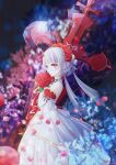 1girl bangs bouquet bridal_veil chan_yuan closed_mouth cross_(weapon) dress flower hair_flower hair_ornament highres holding holding_bouquet honkai_(series) honkai_impact_3rd looking_at_viewer petals red_eyes red_flower red_rose rose sleeveless sleeveless_dress smile solo theresa_apocalypse theresa_apocalypse_(luna_kindred) veil wedding_dress white_dress white_hair white_sleeves 