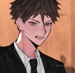  1boy ara_(syao_ra) artist_name bangs black_jacket black_neckwear blurry blurry_background brown_hair bruise bruise_on_face collared_shirt danganronpa_(series) danganronpa_3_(anime) formal green_eyes highres hinata_hajime injury jacket male_focus necktie portrait shirt short_hair smile solo 