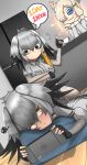  3girls :&lt; :3 absurdres alpaca_suri_(kemono_friends) bangs blonde_hair commentary dual_persona dutch_angle english_commentary english_text fingerless_gloves gloves grey_hair hair_between_eyes hair_over_one_eye head_rest highres indoors john_(a2556349) kemono_friends multiple_girls no_mouth pillow shoebill_(kemono_friends) speech_bubble squiggle yellow_eyes 