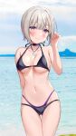  1girl arm_behind_back ass_visible_through_thighs beach bikini black_bikini blush breasts choker closed_mouth cowboy_shot day grey_hair halterneck head_tilt highres layered_bikini looking_at_viewer medium_breasts navel original outdoors short_hair smile solo swimsuit thigh_gap tsukana_(saba_mizore) violet_eyes 