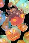 :&lt; black_background blurry closed_mouth commentary fangs fangs_out halloween highres jack-o&#039;-lantern neejyu no_humans orange_eyes pokemon pokemon_(creature) pumpkaboo pumpkin 