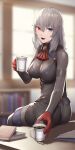  1girl blue_eyes book breasts coffee coffee_cup commentary_request copyright_request cup disposable_cup eyebrows_visible_through_hair gloves grey_hair hair_between_eyes heterochromia highres holding holding_cup indoors kageshio_(276006) looking_at_viewer medium_breasts red_eyes red_gloves red_neckwear sitting smile solo 