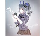  1girl alternate_costume arknights artist_name bangs black_skirt blowing blunt_bangs brown_eyes coffee_mug commentary_request cowboy_shot cup dated dragon_horns eyebrows_visible_through_hair grey_sweater holding holding_cup horns liskarm_(arknights) long_sleeves mug pleated_skirt ryoma_(rym_369) short_hair short_ponytail sidelocks silver_hair skirt solo steam sweater twitter_username watch watch 