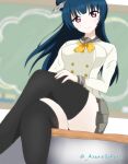  azuresakura desk highres love_live! love_live!_school_idol_project love_live!_sunshine!! on_desk over-kneehighs school_uniform sitting sitting_on_desk thigh-highs tsushima_yoshiko uranohoshi_school_uniform 