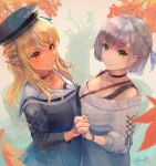  2girls autumn_leaves black_choker black_headwear black_shirt blonde_hair blue_ribbon braid breast_press breasts casual choker closed_mouth commentary_request green_eyes hair_ribbon hat highres holding_hands hololive interlocked_fingers large_breasts long_hair long_sleeves multiple_girls orange_eyes pointy_ears ribbed_sweater ribbon rin_mizuto sailor_collar shiranui_flare shirogane_noel shirt short_hair silver_hair smile sweater virtual_youtuber white_sailor_collar white_sweater 