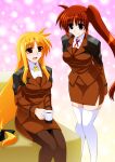  2girls blonde_hair breasts couple engo_(aquawatery) eye_contact fate_testarossa happy long_hair looking_at_another lyrical_nanoha mahou_shoujo_lyrical_nanoha mahou_shoujo_lyrical_nanoha_strikers military mizuki_nana multiple_girls neck_ribbon orange_hair red_eyes red_ribbon ribbon side_ponytail simple_background skirt smile takamachi_nanoha tamura_yukari thigh-highs tsab_ground_military_uniform uniform very_long_hair violet_eyes yuri zettai_ryouiki 