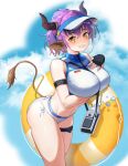  1girl :d animal_ears arknights arm_strap arm_under_breasts azema_(azima_kazira) bangs bare_shoulders bikini black_gloves blue_sky blush bottle breast_hold breasts clothes_writing cow_ears cow_girl cow_horns cow_tail day eyebrows_visible_through_hair feet_out_of_frame fingerless_gloves gloves grin hand_on_own_chest horns innertube leaning_forward looking_at_viewer navel official_alternate_costume open_mouth outdoors ponytail purple_hair short_hair short_ponytail sideroca_(arknights) sideroca_(light_breeze)_(arknights) sky smile solo standing swimsuit tail teeth thighs visor_cap white_bikini white_headwear yellow_eyes 