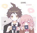  1boy 1girl bangs black_jacket blush brown_eyes brown_hair brown_jacket closed_mouth collared_shirt commentary_request danganronpa_(series) danganronpa_3_(anime) dress_shirt flipped_hair formal hair_ornament handheld_game_console hands_up heart hinata_hajime holding holding_handheld_game_console hood hood_down hope&#039;s_peak_academy_school_uniform jacket looking_at_another mao_gao_gao nanami_chiaki necktie nintendo_switch open_clothes open_jacket pink_eyes pink_hair playing_games ribbon school_uniform shirt spoken_heart white_shirt 