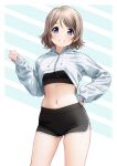  1girl alternate_costume ass_visible_through_thighs black_bra black_shorts blue_eyes blue_hoodie blush bra breasts brown_hair character_name contrapposto cowboy_shot crop_top crop_top_overhang cropped_hoodie grin hair_between_eyes hand_on_hip highres hood hoodie looking_at_viewer love_live! love_live!_sunshine!! medium_breasts medium_hair midriff navel short_shorts shorts smile solo sports_bra striped striped_background tareme underwear watanabe_you yonsi 