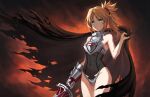  1girl armor bangs bare_shoulders black_legwear black_leotard blonde_hair braid breastplate breasts brown_cape cape clarent_(fate) covered_navel fate/apocrypha fate_(series) faulds french_braid green_eyes grin hair_ornament hair_scrunchie highres leotard long_hair looking_at_viewer mordred_(fate) mordred_(fate/apocrypha) navel parted_bangs ponytail scrunchie sidelocks small_breasts smile sword thigh-highs thighs tonee weapon 