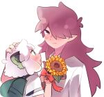  2boys animal_ears aqua_eyes backpack bag blush cat_ears fengxi_(the_legend_of_luoxiaohei) flower hair_over_one_eye hand_on_another&#039;s_head holding holding_flower long_hair luoxiaohei multiple_boys pointy_ears profile purple_hair red_ribbon ribbon ryoto_328 shirt short_hair short_sleeves simple_background smile the_legend_of_luo_xiaohei violet_eyes white_background white_hair white_shirt yellow_flower 