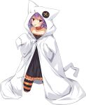  1girl cloak collarbone full_body halloween halloween_costume hood hooded_cloak kantai_collection kneeling long_sleeves off_shoulder official_alternate_costume official_art purple_hair red_eyes short_hair solo striped striped_legwear tama_(kancolle) thigh-highs tongue tongue_out transparent_background ugume white_cloak 