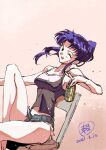  1girl bangs black_camisole camisole can dated grey_shorts highres holding holding_can katsuragi_misato knee_up long_hair murimajimuri neon_genesis_evangelion one_eye_closed open_mouth parted_bangs purple_hair shorts sitting sleeveless smile solo 