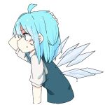  1girl ahoge bangs blue_eyes blue_hair blue_vest cirno commentary_request cropped_torso detached_wings from_side hand_on_own_head hand_up ice ice_wings kae_karee leaning_forward medium_hair profile shirt short_sleeves simple_background solo touhou upper_body vest white_background white_shirt wings 