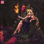  1girl animated animated_gif barefoot black_dress blonde_hair cave commission demon dress english_commentary fire ioruko looking_at_viewer original pixel_art sitting smile solo torch witch yellow_eyes 