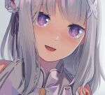  1boy 1girl :d absurdres bangs bare_shoulders blush commentary_request emilia_(re:zero) eye_reflection eyelashes flower grey_background grey_hair hair_flower hair_ornament hair_ribbon high_collar highres iwamushi long_hair looking_at_viewer natsuki_subaru open_mouth purple_ribbon re:zero_kara_hajimeru_isekai_seikatsu reflection ribbon smile tongue upper_body violet_eyes white_flower 