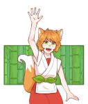  1girl animal_ear_fluff animal_ears arm_up bangs brown_hair fox_ears fox_girl fox_tail green_eyes looking_at_viewer open_mouth pants red_pants ruoshui_(the_legend_of_luoxiaohei) shirt short_hair smile solo tail the_legend_of_luo_xiaohei upper_body user_myye2452 waving white_shirt 