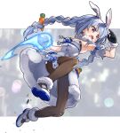  1girl animal_ear_fluff animal_ears bare_shoulders black_gloves black_legwear black_leotard blue_hair braid bunny-shaped_pupils carrot carrot_hair_ornament coat commentary_request creature detached_sleeves don-chan_(usada_pekora) food-themed_hair_ornament full_body fur-trimmed_coat fur-trimmed_gloves fur_scarf fur_trim gloves glowing glowing_hand hair_ornament highres hololive leg_garter leotard leotard_under_clothes long_hair mary_janes multicolored_hair open_mouth puffy_short_sleeves puffy_sleeves rabbit_ears rabbit_girl sakino_shingetsu scarf shoes short_eyebrows short_sleeves solo strapless strapless_coat strapless_leotard symbol-shaped_pupils thick_eyebrows twin_braids twintails two-tone_hair usada_pekora virtual_youtuber white_coat white_footwear white_hair white_scarf white_sleeves 