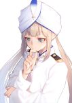  1boy blonde_hair blue_eyes captain_nemo_(fate) closed_mouth fate/grand_order fate_(series) feathers hand_up hat highres jacket long_hair long_sleeves male_focus mikan_(chipstar182) military military_uniform naval_uniform nemo_(fate) simple_background solo turban twintails uniform upper_body white_background white_headwear white_jacket 