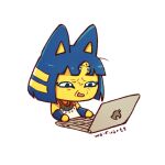  1girl animal_crossing animal_ears ankha_(animal_crossing) artist_name bangs bare_shoulders black_eyes blue_hair cat_ears cat_girl colored_skin commentary computer detached_sleeves disgust dress egyptian_clothes furry furry_female hair_ornament laptop no_humans open_mouth short_hair simple_background sitting snake_hair_ornament solo waifuartz white_background white_dress yellow_skin 