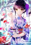  1girl :d bangs black_hair eyebrows_visible_through_hair fish flower goldfish green_eyes hair_flower hair_ornament holding japanese_clothes kimono long_hair looking_at_viewer nail_polish open_mouth original otoufu_(gotouhu) smile summer wide_sleeves yukata 