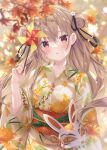  1girl autumn_leaves blush brown_hair colored_inner_hair double_bun eyebrows_visible_through_hair floral_print flower hair_between_eyes hair_ribbon highres holding holding_pinwheel japanese_clothes jimmy_madomagi kimono leaf lens_flare light_rays long_hair looking_at_viewer maple_leaf mask mask_removed multicolored_hair obi open_mouth orange_flower orange_nails original outdoors pinwheel red_eyes ribbon sash sidelocks solo spider_lily spider_lily_print sunbeam sunlight tassel two-tone_hair upper_body white_flower 