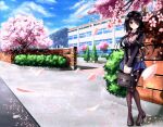  1girl black_hair black_legwear blazer blue_skirt blue_sky blush brick_wall bush cherry_blossoms clouds condensation_trail date_a_live day hair_over_one_eye heterochromia highres jacket legs_together loafers long_hair looking_at_viewer mountain neck_ribbon outdoors pantyhose pleated_skirt red_eyes revision ribbon school_briefcase school_uniform shoes skirt sky smile solo thighband_pantyhose tokisaki_kurumi tree tsubasaki yellow_eyes 