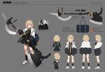  1girl absurdres artist_name axe bag black_jacket black_legwear black_serafuku black_skirt blonde_hair blue_bag brown_eyes character_sheet charm_(object) closed_mouth concept_art eyebrows_visible_through_hair fingernails flat_color grey_background highres holding holding_axe holding_polearm holding_weapon hood hood_down hooded_jacket jacket medium_hair multicolored multicolored_clothes multiple_views necktie neckwear open_clothes open_jacket orange_neckwear original parted_lips polearm reference_photo sbbs school_bag school_uniform serafuku shoes simple_background skirt sneakers socks standing stuffed_animal stuffed_toy teddy_bear translation_request uniform weapon white_footwear white_jacket 