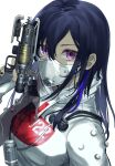  1girl apex_legends arm_up b3_wingman bangs black_hair black_nails bodysuit closed_mouth cosplay covered_mouth english_commentary gun hand_up handgun highres hisui_ill holding holding_gun holding_weapon ichinose_uruha long_hair looking_at_viewer lupinus_virtual_games mask multicolored_hair pistol quarantine_722_wraith simple_background solo streaked_hair upper_body violet_eyes virtual_youtuber vspo! weapon white_background white_bodysuit wraith_(apex_legends) wraith_(apex_legends)_(cosplay) 