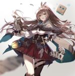  1girl :d bird bird_on_hand black_corset blurry blurry_foreground blush bow breasts brown_bow brown_capelet brown_eyes brown_gloves brown_hair brown_legwear capelet commentary corset dagger eyebrows_visible_through_hair feather_hair_ornament feathers floating_hair friend_(nanashi_mumei) gloves hair_between_eyes hair_ornament head_tilt highres hololive hololive_english knife lantern long_hair long_sleeves looking_at_viewer medium_breasts milluun nanashi_mumei open_hand open_mouth owl partially_fingerless_gloves puffy_long_sleeves puffy_sleeves red_skirt shirt single_thighhigh skirt smile solo symbol-only_commentary thigh-highs thigh_strap virtual_youtuber weapon white_shirt 