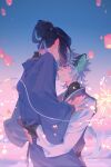  2boys animal_ears black_hair cat_boy cat_ears fireworks green_eyes hair_bun highres hug long_sleeves luoxiaohei multiple_boys older short_hair smile suncle the_legend_of_luo_xiaohei twitter_username upper_body white_hair wuxian_(the_legend_of_luoxiaohei) 
