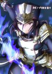 black_hair blue_background blue_fire brown_eyes fire gloves grin hat highres incoming_attack looking_at_viewer military military_uniform morag_ladair_(xenoblade) nayuta-kanata otsukimin00 purple_fire smile sword uniform weapon whip_sword white_gloves xenoblade_chronicles_(series) xenoblade_chronicles_2 