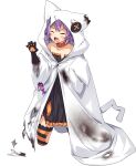  1girl cloak collarbone full_body halloween halloween_costume hood hooded_cloak kantai_collection kneeling long_sleeves off_shoulder official_alternate_costume official_art purple_hair red_eyes short_hair solo striped striped_legwear tama_(kancolle) thigh-highs transparent_background ugume white_cloak 