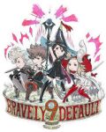  2boys 2girls agnes_oblige ahoge anniversary armor black_dress blonde_hair blue_eyes boots bravely_default:_flying_fairy bravely_default_(series) brown_eyes brown_hair dress edea_lee fighting_stance gloves hat ikusy multiple_boys multiple_girls official_art pleated_dress pompadour red_footwear ringabel shield short_dress sidelocks staff sword thigh-highs thigh_boots tiz_oria weapon white_dress witch_hat wizard_hat 