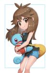  1girl bag bangs between_breasts black_shirt blue_(pokemon) blue_shorts breasts brown_eyes brown_hair closed_mouth commentary_request eyelashes framed gonzarez hair_flaps highres holding holding_pokemon knees long_hair pokemon pokemon_(creature) pokemon_(game) pokemon_lgpe shiny shiny_hair shiny_skin shirt short_shorts shorts shoulder_bag sidelocks sleeveless sleeveless_shirt smile squirtle strap_between_breasts white_background wristband yellow_bag 