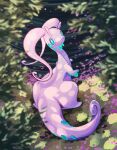 aqua_eyes blurry bright_pupils commentary_request day fusenryo goodra grass highres looking_back no_humans outdoors parted_lips pokemon pokemon_(creature) ripples smile solo standing water 
