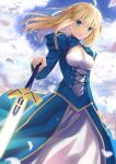  1girl ahoge alternate_hairstyle artoria_pendragon_(fate) bangs blonde_hair blue_dress blue_sky breasts cleavage_cutout closed_mouth clothing_cutout clouds commentary_request day dress excalibur_(fate/stay_night) eyebrows_visible_through_hair fate/grand_order fate/stay_night fate_(series) fingernails floating_hair glowing glowing_sword glowing_weapon green_eyes hair_between_eyes highres holding holding_sword holding_weapon juliet_sleeves lips long_hair long_sleeves looking_at_viewer medium_breasts neko_daruma outdoors petals pink_lips puffy_sleeves saber sky smile solo sword weapon 