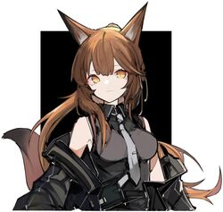  1girl absurdres animal_ears arknights bangs bare_shoulders black_shirt breasts brown_hair error1980 eyebrows_visible_through_hair fox_ears fox_tail franka_(arknights) grey_neckwear hair_between_eyes highres long_hair looking_at_viewer medium_breasts necktie off_shoulder official_alternate_costume shirt sleeveless sleeveless_shirt smile solo tail upper_body yellow_eyes 