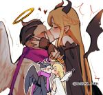  1boy 1girl angel angel_and_devil angel_wings bare_shoulders barry_nah black_horns black_jacket black_wings blonde_hair braid danganronpa_(series) danganronpa_2:_goodbye_despair demon_horns demon_wings dress french_kiss halo heart hetero highres horns jacket kiss long_sleeves multicolored_hair multiple_views pink_neckwear pink_scarf scarf sonia_nevermind tanaka_gandamu trembling two-tone_hair white_dress wings 